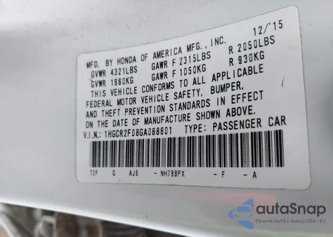 2016 Honda Accord Ex из США, поврежденный, VIN 1HGCR2F08GA088601